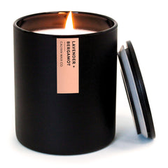 Calyan Lavender & Bergamot candle in a sleek black jar for elegant home fragrance