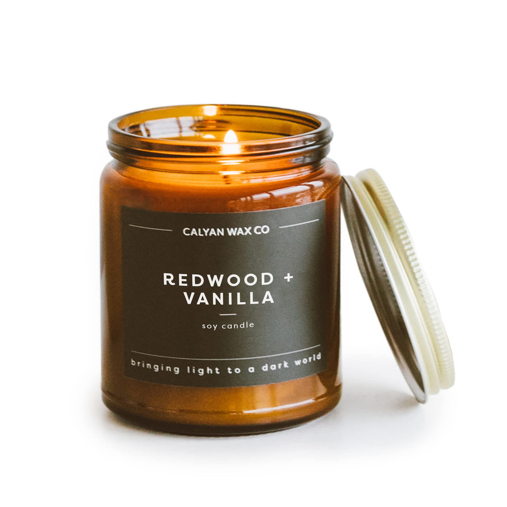 Calyan Wax Co. Redwood & Vanilla label close-up highlights premium packaging