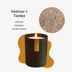 Calyan Wax Co Vetiver & Tonka candle in matte black jar on wood surface