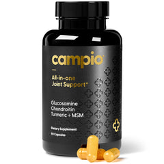 Campio glucosamine chondroitin msm bottle close-up supports joint comfort