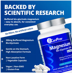 CanPrev magnesium bisglycinate 200mg label closeup highlighting gentle formula.