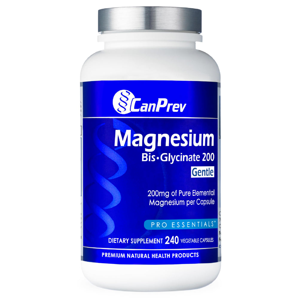 CanPrev Magnesium BisGlycinate 200mg bottle closeup for daily wellness and gentle absorption.