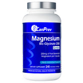 CanPrev Magnesium BisGlycinate 200mg bottle closeup for daily wellness and gentle absorption.