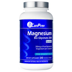 CanPrev Magnesium BisGlycinate 200mg bottle closeup for daily wellness and gentle absorption.