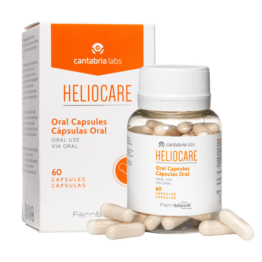 Cantabria Labs Heliocare bottle and capsules for daily antioxidant support.