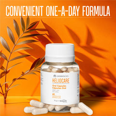 Cantabria Labs Heliocare capsule closeup showcasing a vegan, gluten-free daily wellness option.