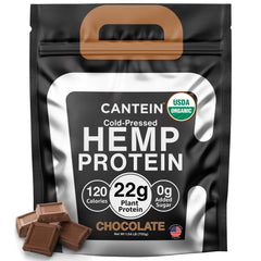 Cantein organic hemp protein chocolate tub showing clean ingredient list for shakes