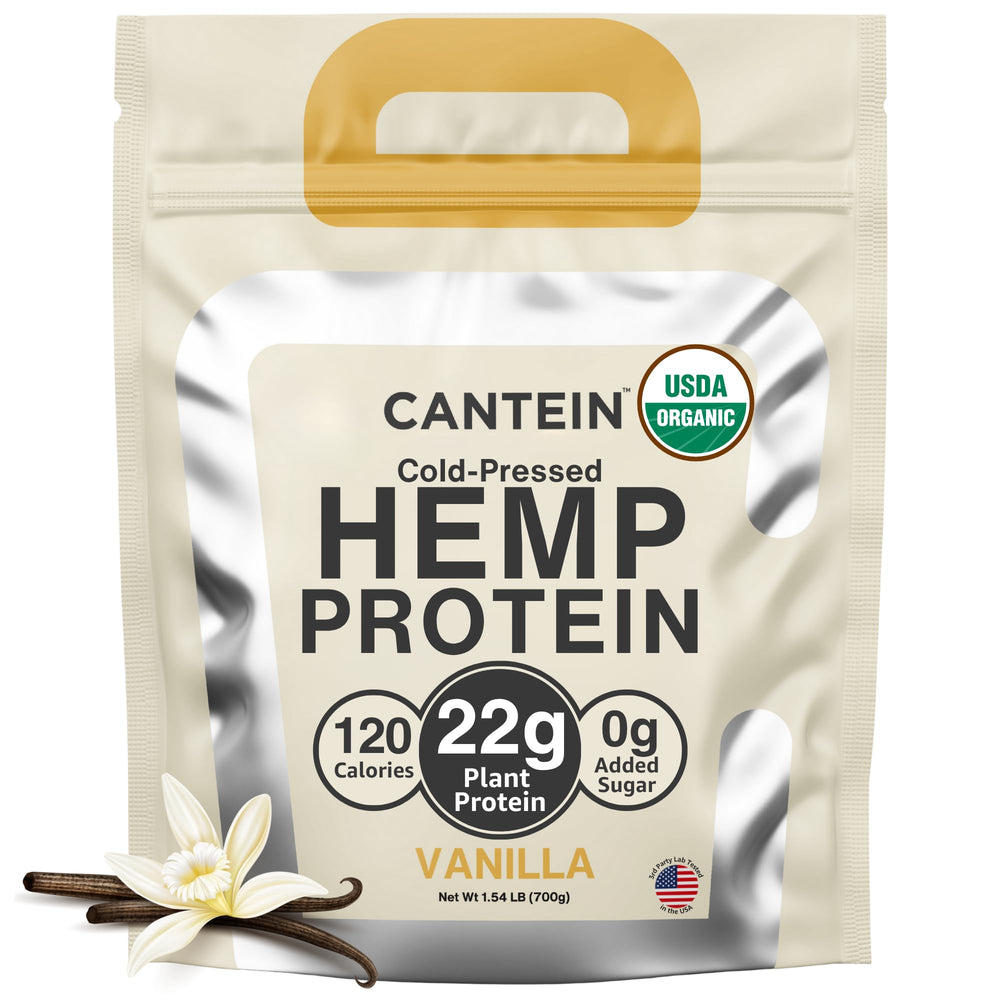 Cantein vanilla organic hemp protein powder bottle showcases clean, plant-based nutrition.