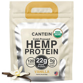 Cantein vanilla organic hemp protein powder bottle showcases clean, plant-based nutrition.