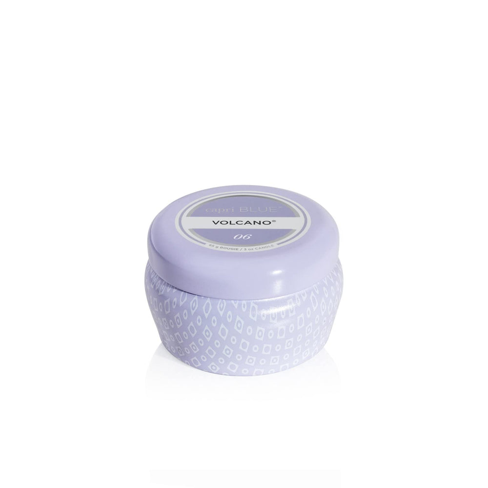 Capri Blue Volcano Lavender mini tin candle label with brand emblem and purple hue.