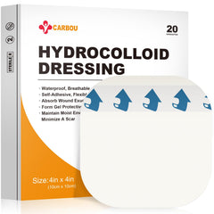 Carbou hydrocolloid dressing 4x4 pack showing absorbent, waterproof protection for wounds.