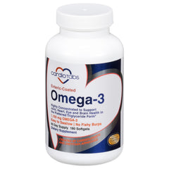 CardioTabs Omega-3 enteric-coated bottle shown for easy swallowing and reduced fishy aftertaste