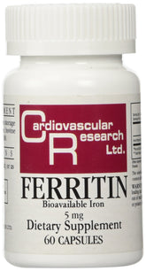 Cardiovascular Research Ferritin iron bottle featuring 60 capsules for daily support