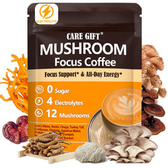 CARE GIFT mushroom coffee bottle pour highlights the 16-in-1 energy blend.