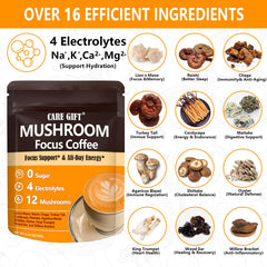 CARE GIFT label close-up showcases organic Arabica and mushrooms for focus.