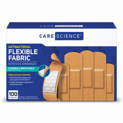 Care Science fabric bandages 100-count box in assorted sizes for quick first aid.