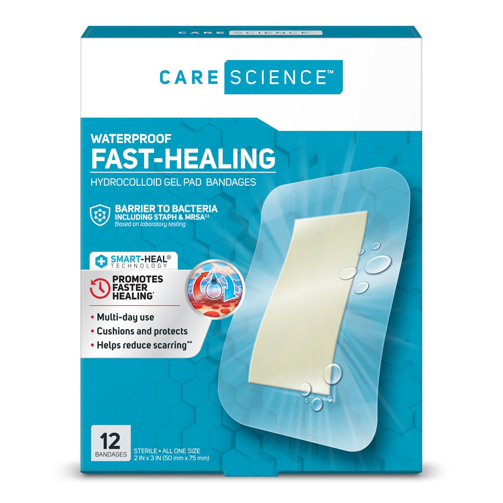 Care Science Smart Heal waterproof bandage XL 2x3 inch protecting skin in wet conditions.