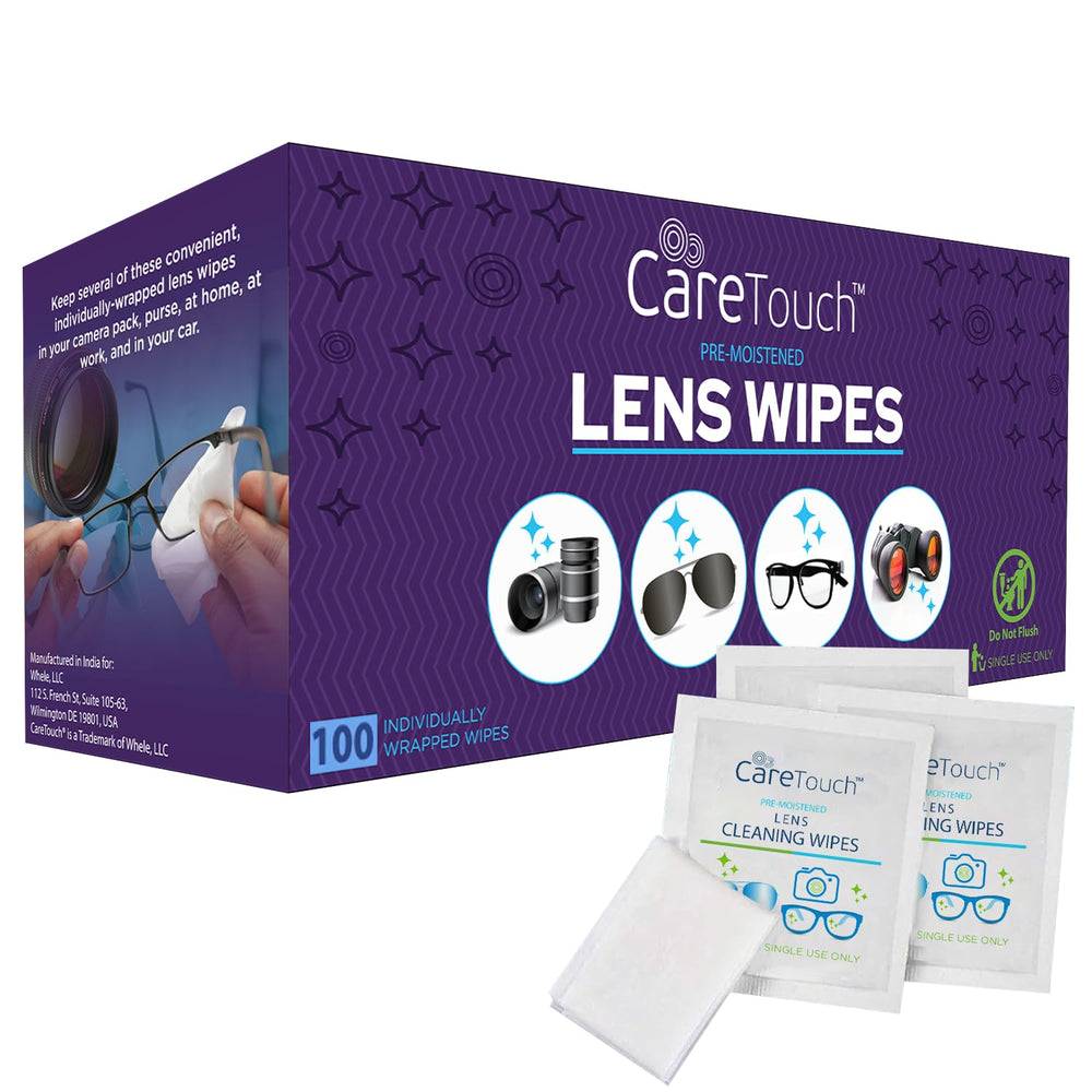 Care Touch lens wipes for eyeglasses, 100-count wrapped, portable cleaning on the go.