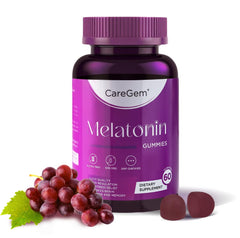 CareGem Sleep Aid bottle front with grape gummies, signaling restful nights