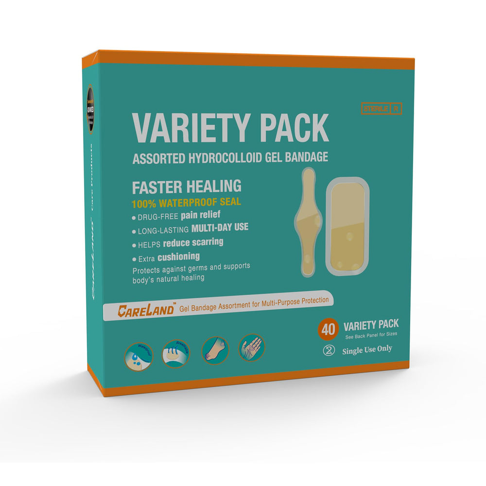 Careland hydrocolloid bandages pack cover showing 40-count box for versatile wound care