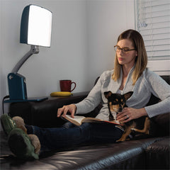 Carex Day-Light Sky side view with adjustable stand shows height customization for flexible placement.