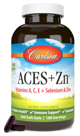 Carlson ACES + Zn bottle featuring softgels for antioxidant support