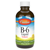 Carlson B-6 Liquid bottle close-up showing Berry Lemonade flavor for easy daily intake.