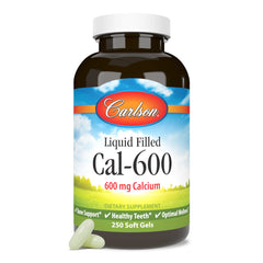 Carlson Cal-600 softgel bottle highlights calcium for bone support and teeth health.