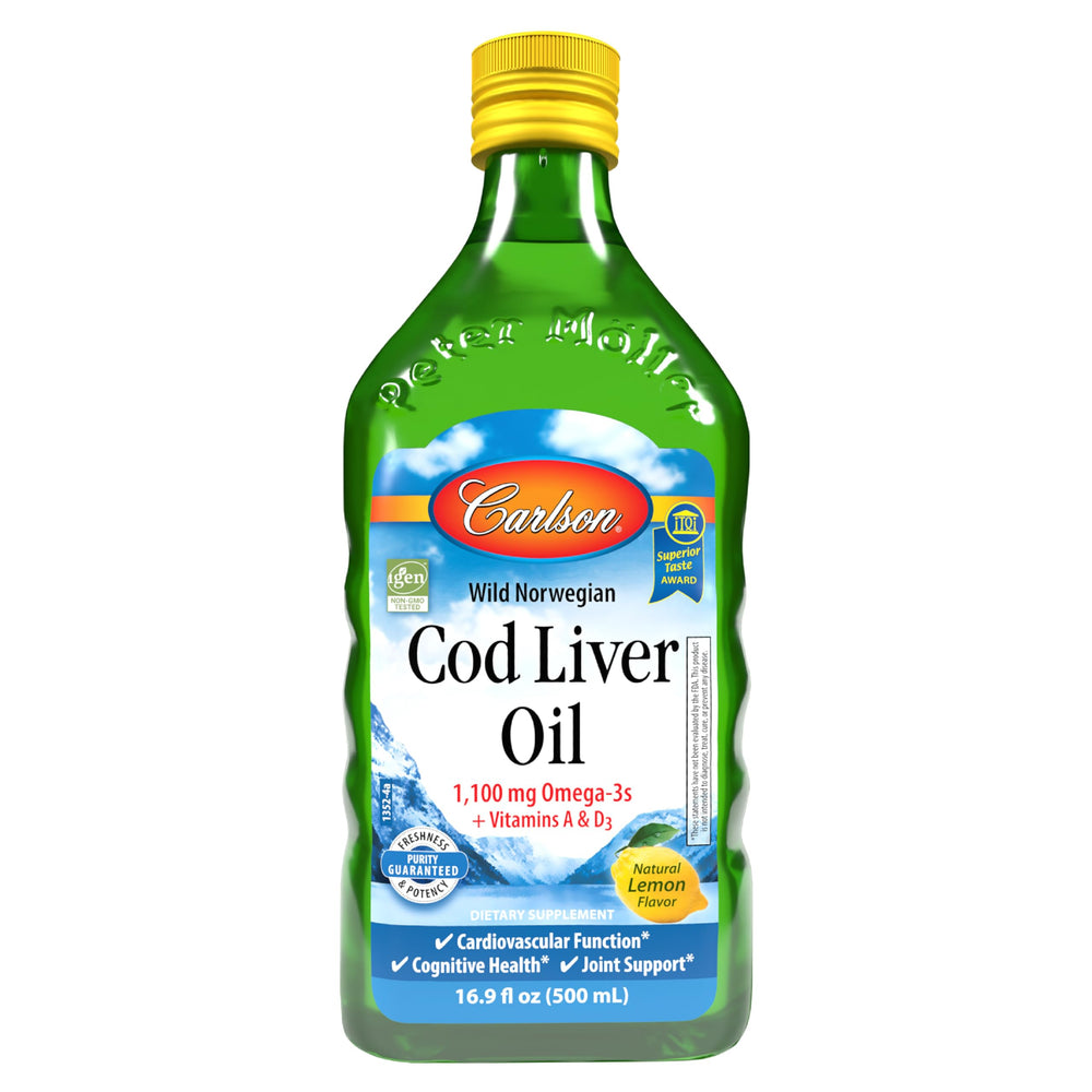 Carlson cod liver oil lemon bottle label highlights omega-3 for heart and brain.