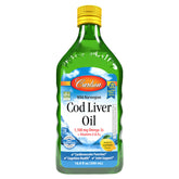 Carlson cod liver oil lemon bottle label highlights omega-3 for heart and brain.