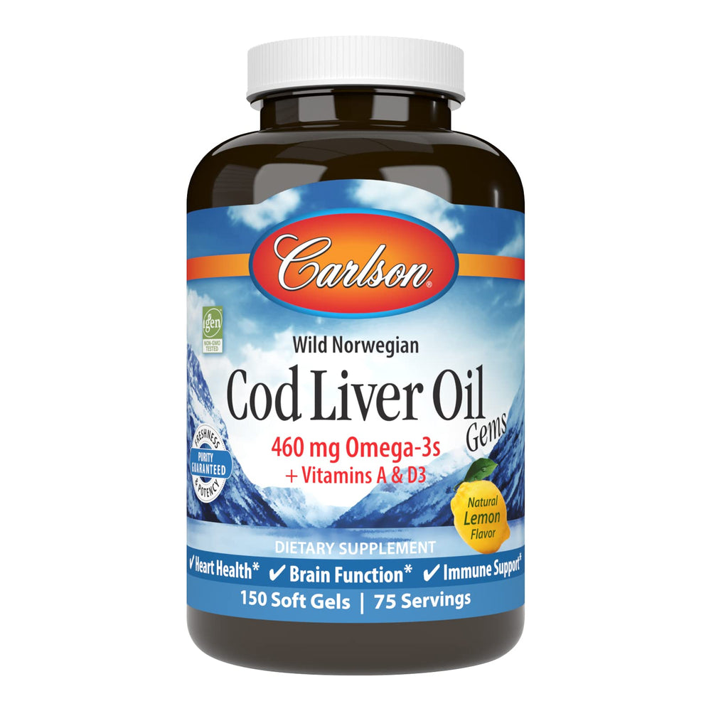 Carlson cod liver oil gems bottle front, lemon flavor, supports daily omega-3 intake