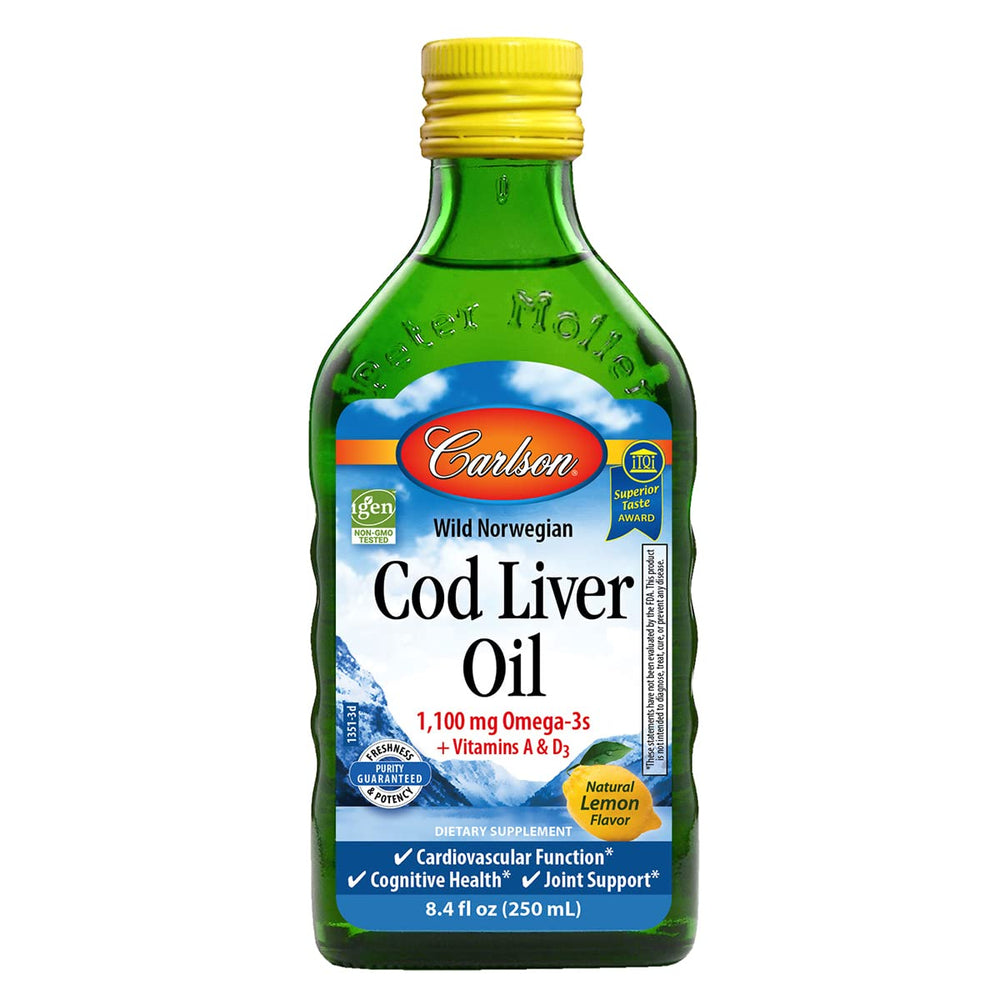 Carlson cod liver oil lemon bottle for daily omega-3 intake supporting heart and brain function.