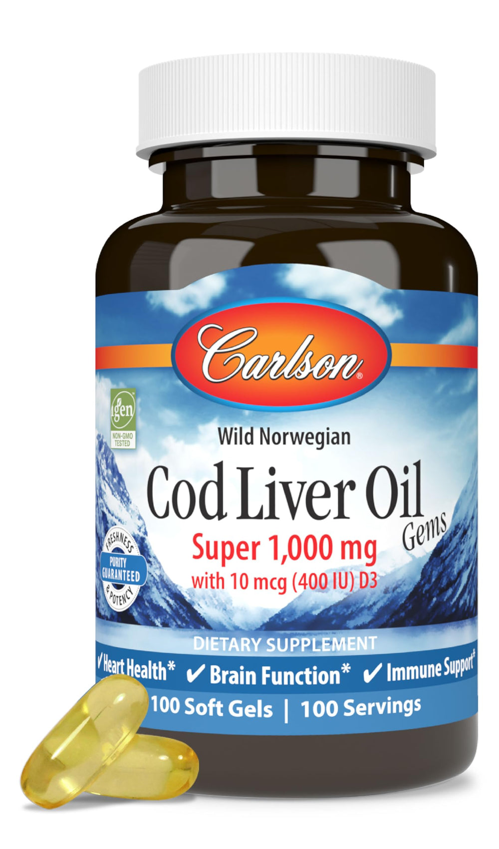 Carlson cod liver oil softgel bottle close-up highlighting omega-3 support