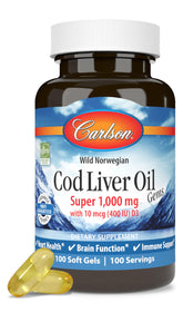 Carlson cod liver oil softgel bottle close-up highlighting omega-3 support