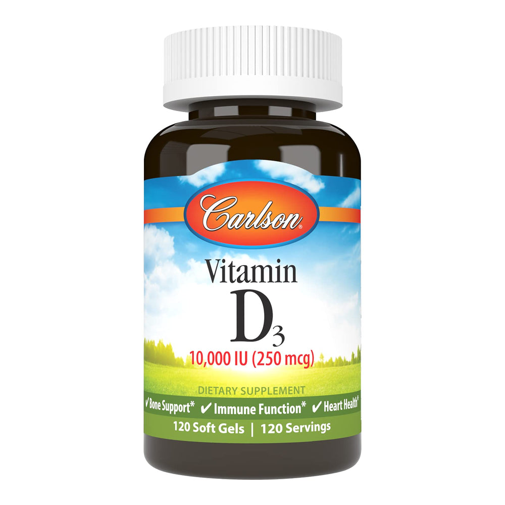 Carlson D3 10,000 IU bottle pour showing high-potency softgels for bone and immune support.