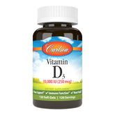 Carlson D3 10,000 IU bottle pour showing high-potency softgels for bone and immune support.