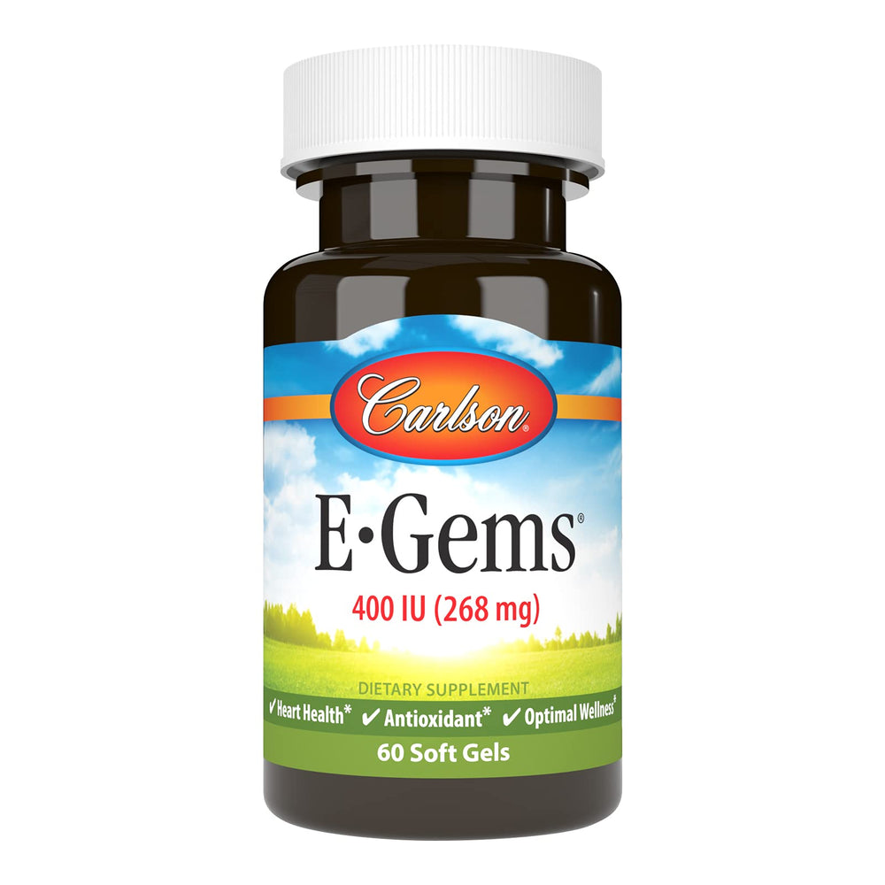 Carlson E-Gems natural vitamin E softgels in bottle for daily wellness routine.