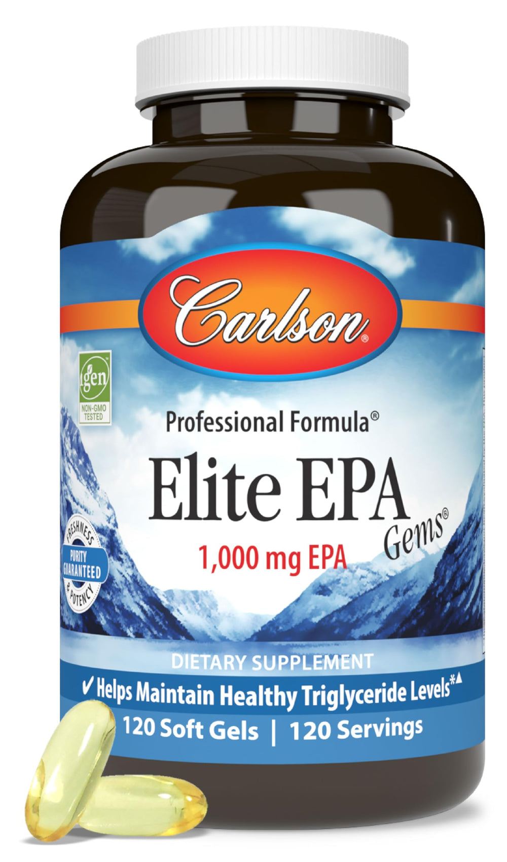 Carlson Elite EPA Gems bottle front, omega-3 support for daily wellness.