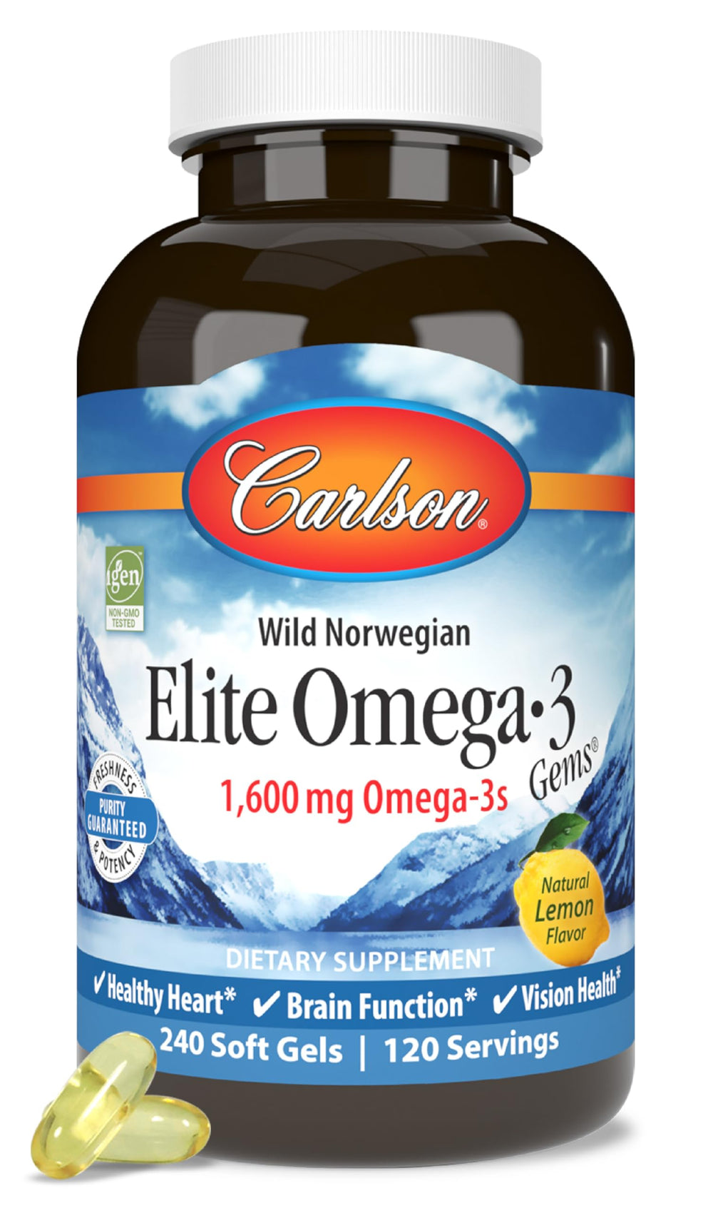 Carlson Elite Omega-3 Gems lemon softgel bottle for daily omega-3 support.