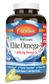 Carlson Elite Omega-3 Gems lemon softgels bottle, convenient daily source of EPA and DHA
