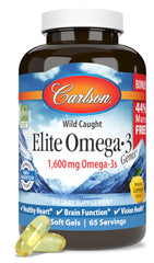 Carlson Elite Omega-3 Gems lemon softgels bottle, convenient daily source of EPA and DHA
