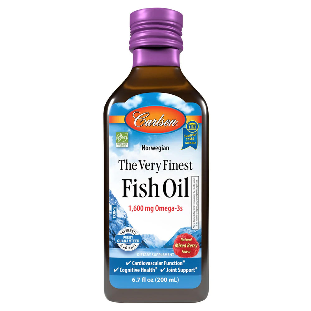 Carlson fish oil 1600mg bottle shown for daily omega-3 support.