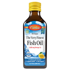 Carlson Fish Oil Lemon bottle shown with a clear label for daily omega-3 intake.