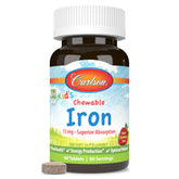 Carlson Kid's Chewable Iron bottle with strawberry flavor supports daily iron intake for kids.