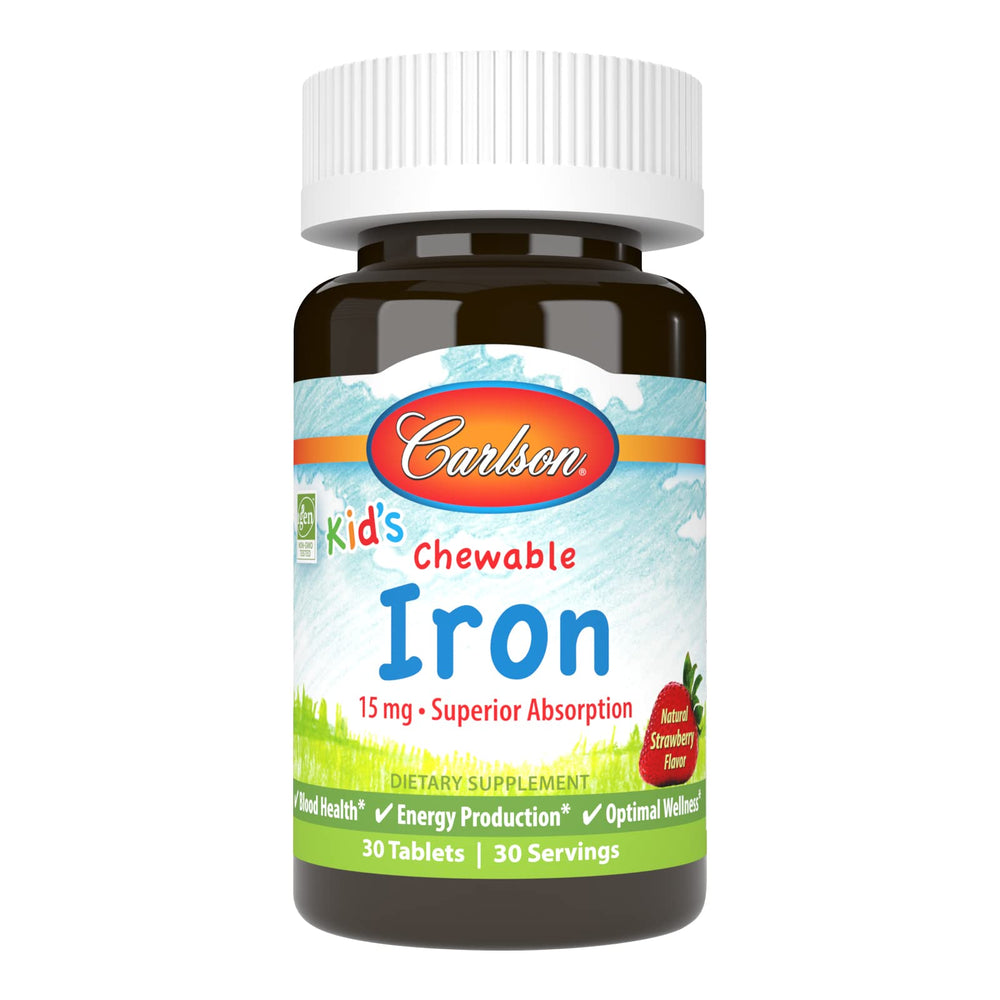 Carlson Kid's Chewable Iron bottle front shows strawberry flavor and friendly packaging.