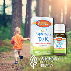 Carlson Kid's D3+K2 drops unflavored format blends into drinks smoothly.