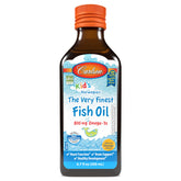 Carlson Kid's The Very Finest Fish Oil orange bottle front supports daily omega-3 intake for kids.
