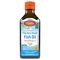 Carlson Kid's The Very Finest Fish Oil orange bottle front supports daily omega-3 intake for kids.