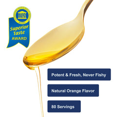 Carlson Kid's The Very Finest Fish Oil orange flavor close-up, delicious taste for kids.