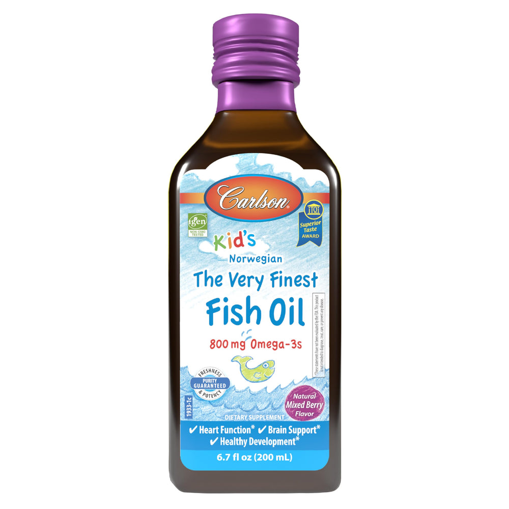 Carlson Kids The Very Finest Fish Oil bottle displaying omega-3 content for daily intake
